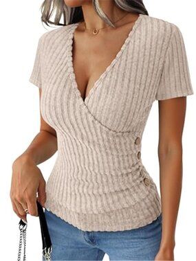 Womens Ribbed Knit Wrap V Neck Top Short Sleeve Slim Fit Button Shirt Casual